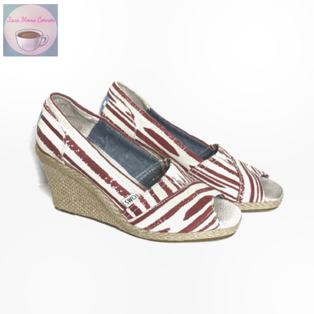 Toms Espadrille Red Striped Peep Toe Wedges White